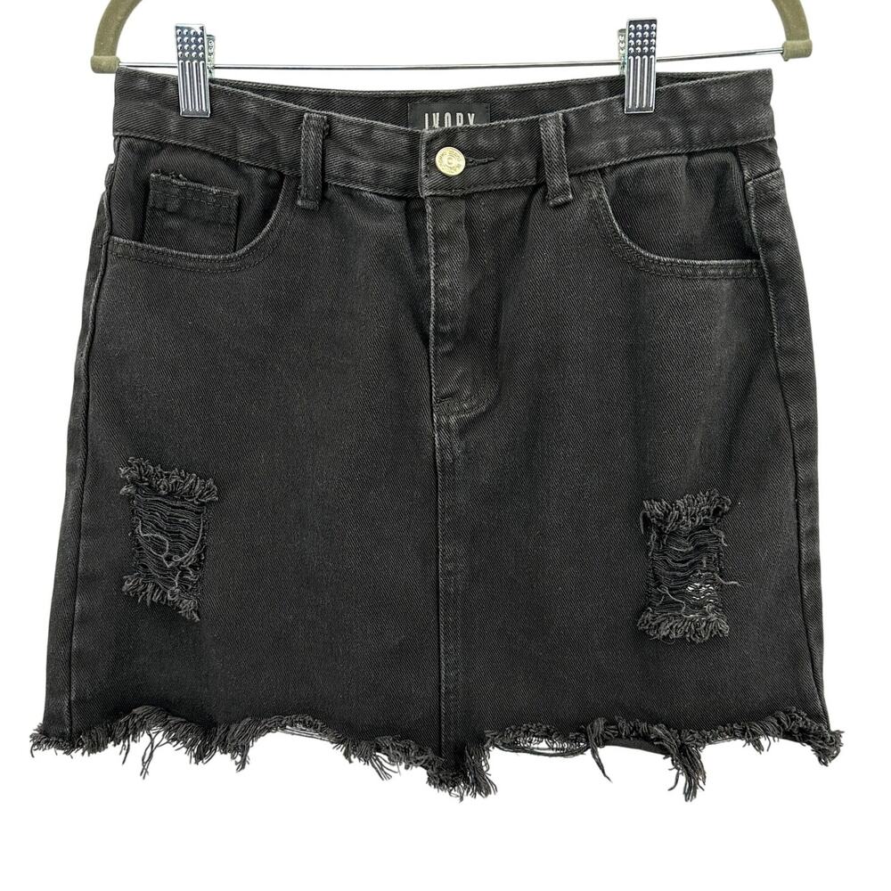 Ivory Denim Mini Skirt WMNS L Black Stretch Ripped Frayed Hem Straight & Pencil